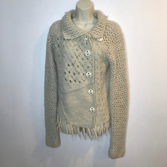 Free People Sweaters - Free People Cardigan Sweater LARGE L Wool Blend Fringe Buttons Open Knit Cream